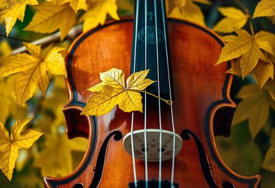 A violin rests among yellow leaves in the fall