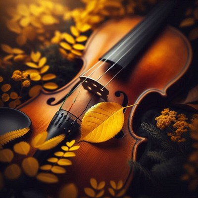 A violin rests among autumn leaves