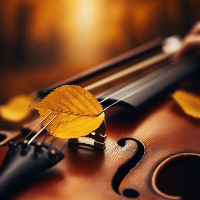 A golden leaf rests on a violin in the autumn