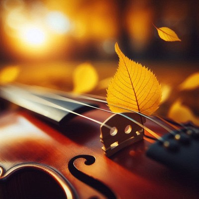 A golden leaf rests on a violin in autumn