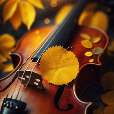 A yellow leaf rests on a violin in the autumn