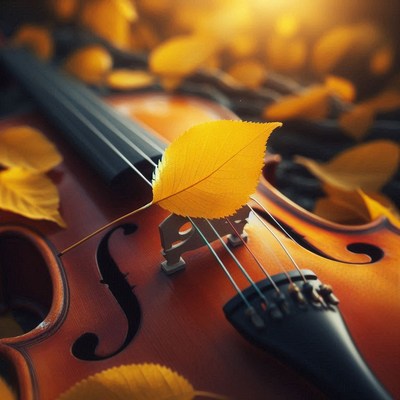 A yellow leaf rests on a violin in the autumn