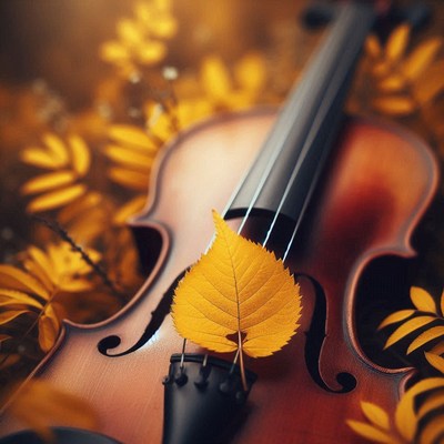 A violin rests in the autumn leaves