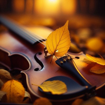 A violin rests on fallen leaves in the autumn sunlight