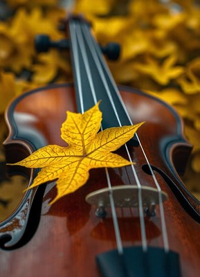 A yellow leaf rests on a violin in the autumn