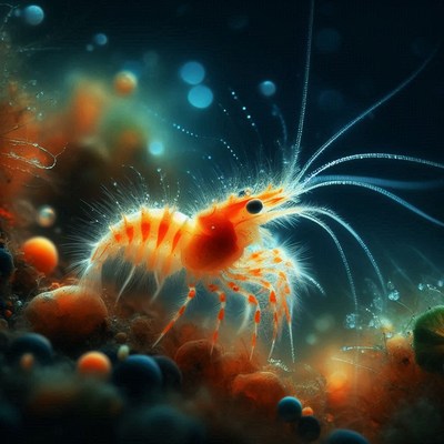A small shrimp with feathery antennae swims by