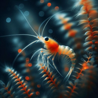 A small shrimp swims through the ocean