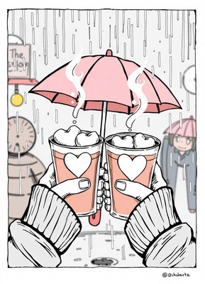 Two people share hot chocolate on a rainy day