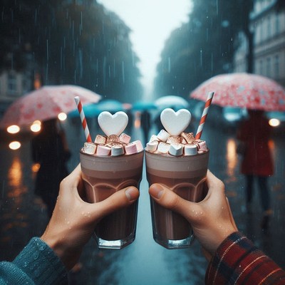 Heart-shaped marshmallows in hot chocolate rain