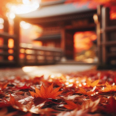 A red maple leaf rests on a pathway covered in fallen leaves