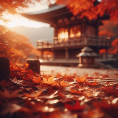 Leaves cover the path to a japanese temple