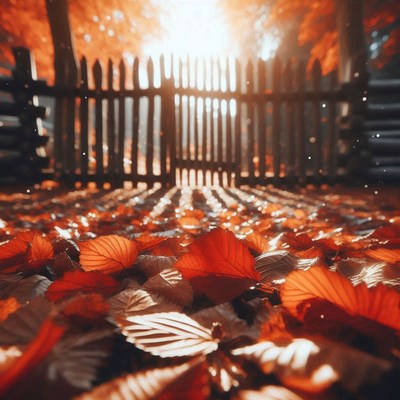 Fallen leaves cover the ground in front of a wooden fence