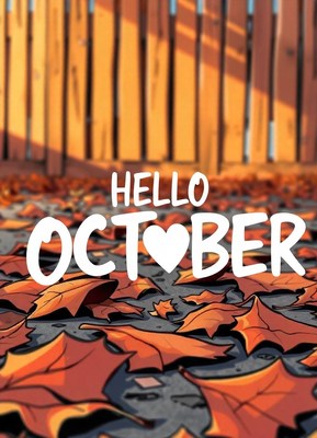 Hello october with a heart-shaped leaf on the sidewalk