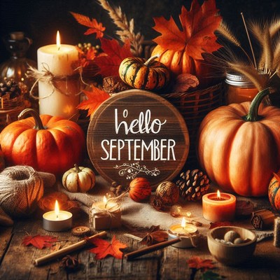 A rustic table with pumpkins and candles welcomes september