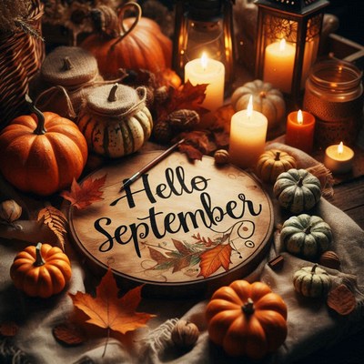 Hello september, pumpkins and candles on a table