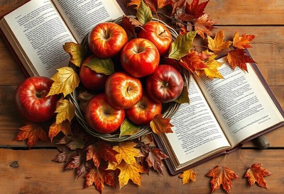 Red apples and fall leaves on a book, wooden table