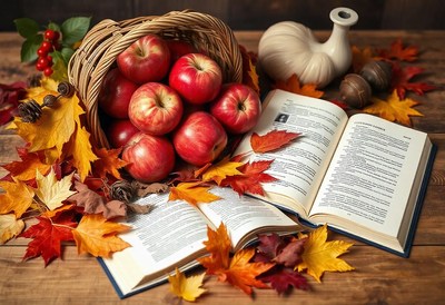 Red apples fill a woven basket on a wooden table