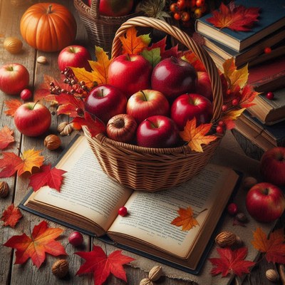 A basket of red apples sits on a book with autumn leaves