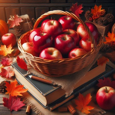 A basket of red apples sits on a stack of books