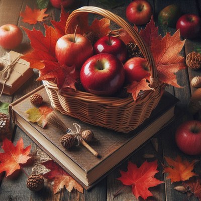 A basket filled with red apples sits on top of a closed book