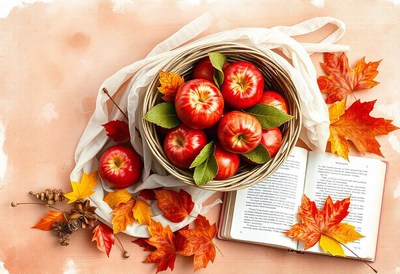 Red apples beside a book and autumn leaves