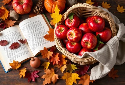 A basket of red apples on a wooden table