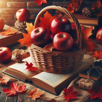 A basket of apples sits on an open book with autumn leaves