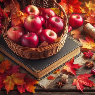 Red apples in a basket on a book with leaves