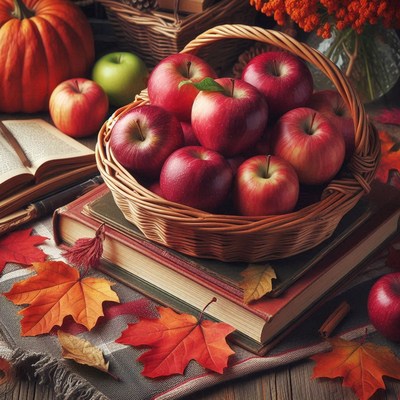 Red apples in a basket on books, amid autumn leaves