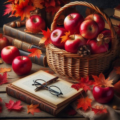 Red apples, a book, and glasses on a table