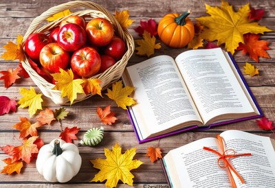 A basket of apples, pumpkins, and leaves on a wooden table