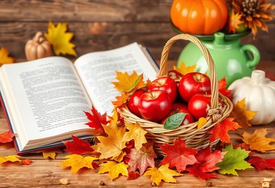 A basket filled with red apples rests on a wooden table