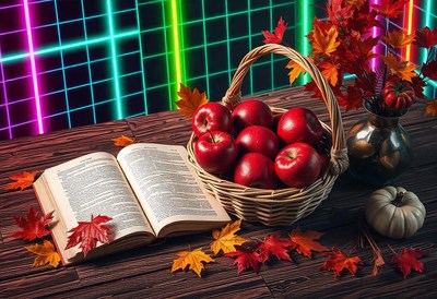 Red apples on a table with a book and leaves