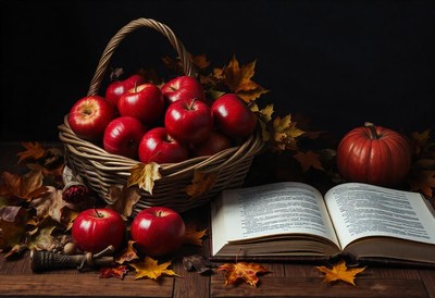 Red apples in a basket on a wooden table