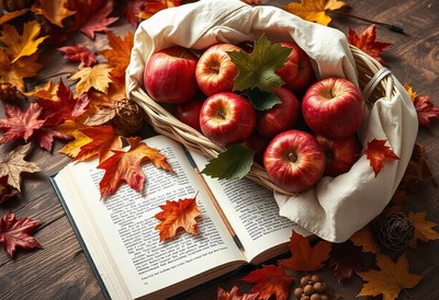 Red apples, a book, and leaves on a table