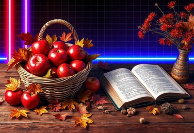 Basket of Red Apples with Open Book