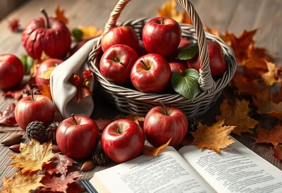 Red apples are in a woven basket on a wooden table