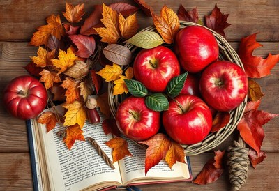 Red apples in a basket with fall leaves