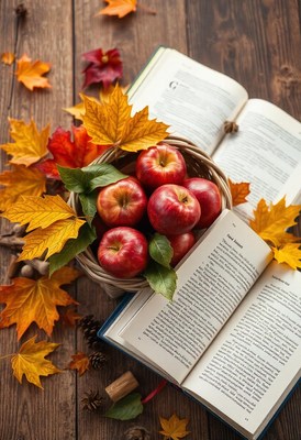 Red apples and autumn leaves on a table