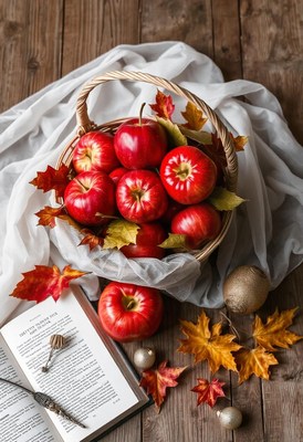 Red apples on a wooden table with leaves