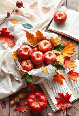 Red apples in a basket with fall leaves