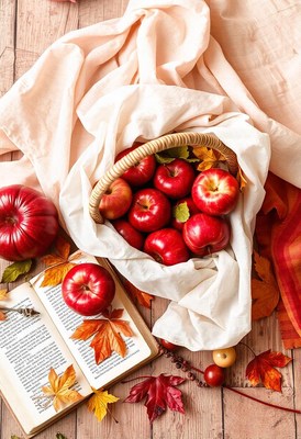 Red apples in a basket on a wooden table