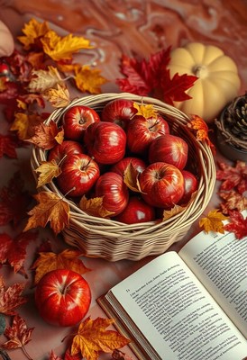 Apples and leaves beside a book on a table