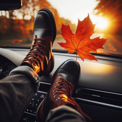 Leather boots rest on a car dashboard with a fall leaf