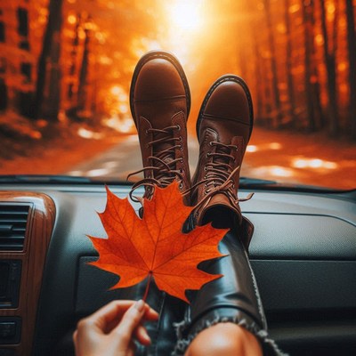 Feet on a dashboard in a fall forest