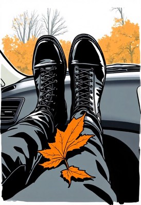 Black boots on dashboard, leaf on driver’s leg