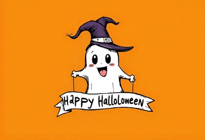 A joyful ghost in a witch hat says happy halloween