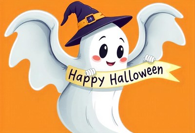 Happy halloween from a ghost in a witch's hat!