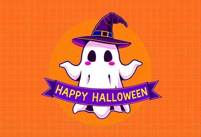 A friendly ghost in a witch's hat says happy halloween!