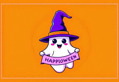 Ghost in a witch hat holds happyloween banner